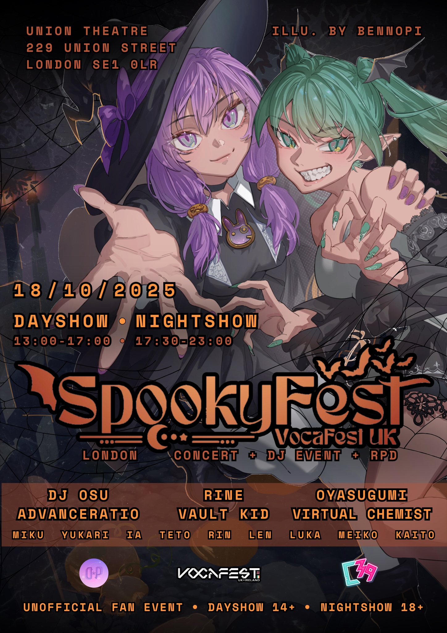 Poster for SpookyFest by VocaFest UK, 18 October 2025 at the Union Theatre in London, with the DJ lineup