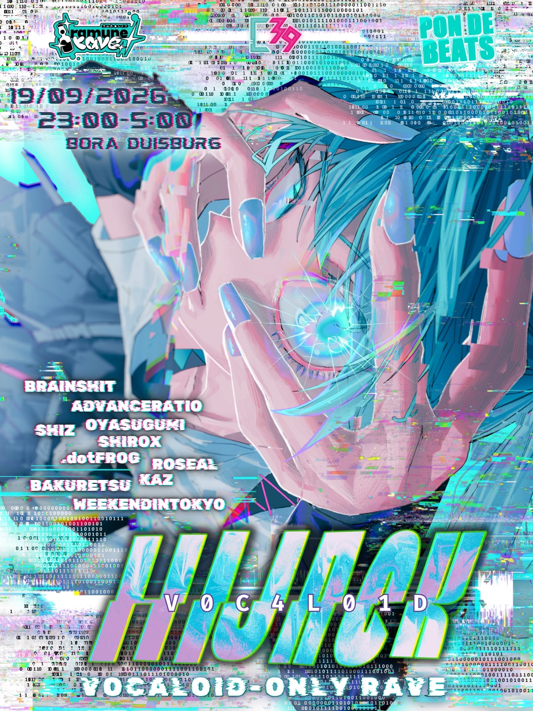 Poster for VOCALOID HIJACK, a Vocaloid-only rave on 19 September 2026 at Bora in Duisburg, with the lineup